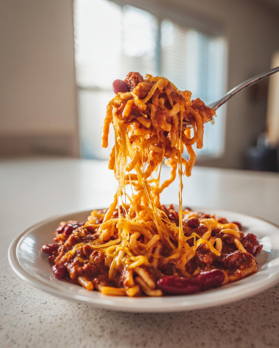 A fork lifts a cheesy, saucy portion of Easy One Pot Chili Macaroni, showing long cheese pulls over the main dish.