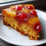 A moist slice of Easy Pineapple Upside Down Cake topped with caramelized pineapple rings and bright red maraschino cherries.