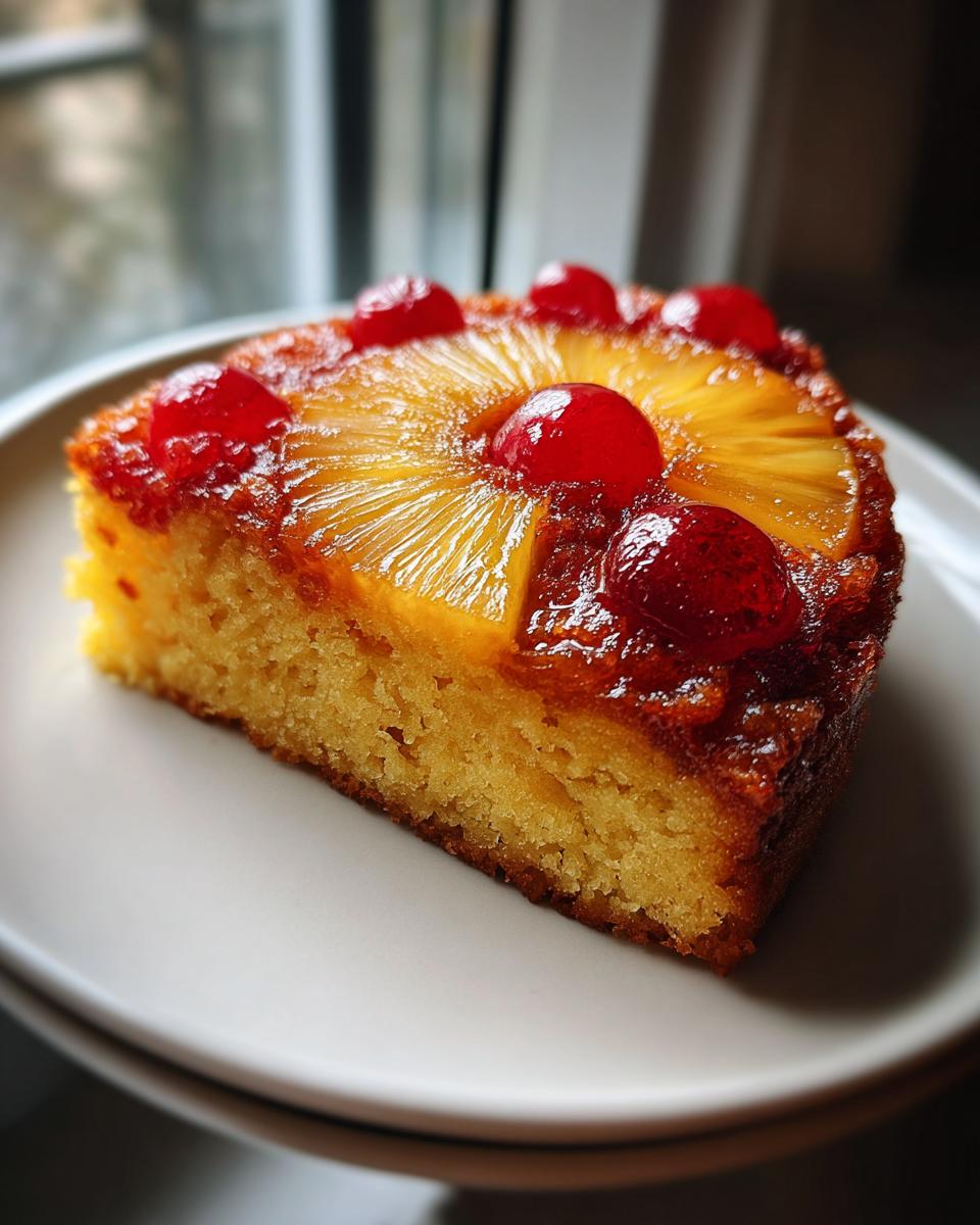A moist slice of Easy Pineapple Upside Down Cake topped with caramelized pineapple and bright red maraschino cherries.