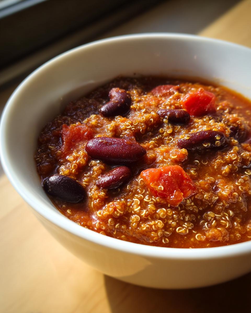 Close-up of a white bowl filled with rich, red Easy Quinoa Chili featuring visible quinoa grains, kidney beans, and diced tomatoes.