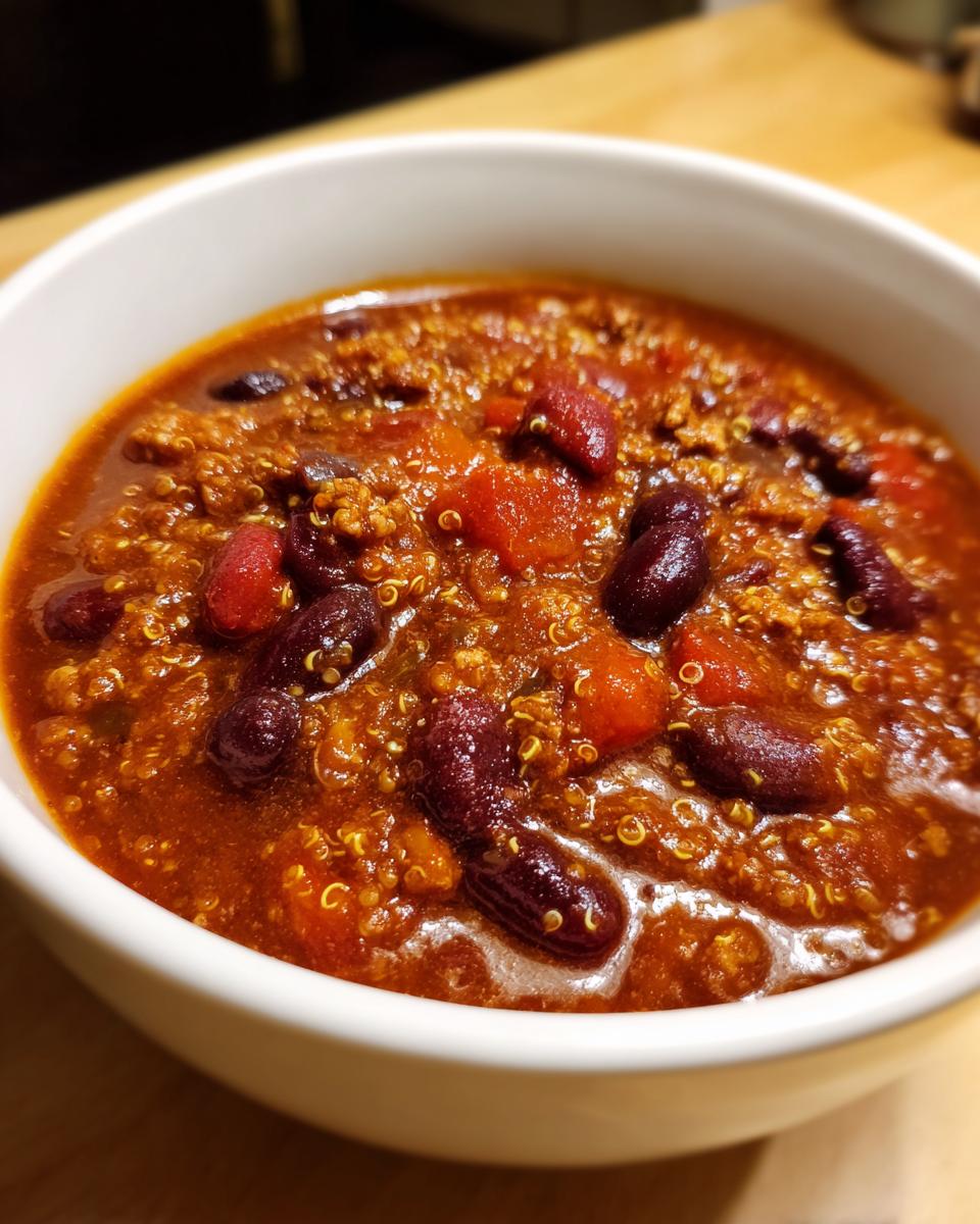 A close-up view of a white bowl filled with rich, thick Easy Quinoa Chili featuring kidney beans and visible quinoa grains.