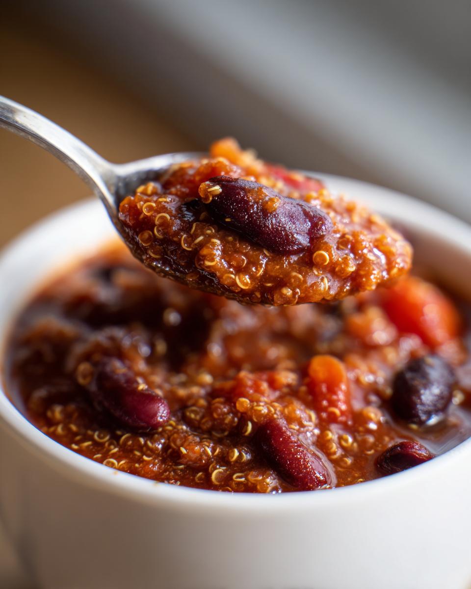 A spoonful of hearty Easy Quinoa Chili, showing quinoa grains and dark red kidney beans in a rich sauce.