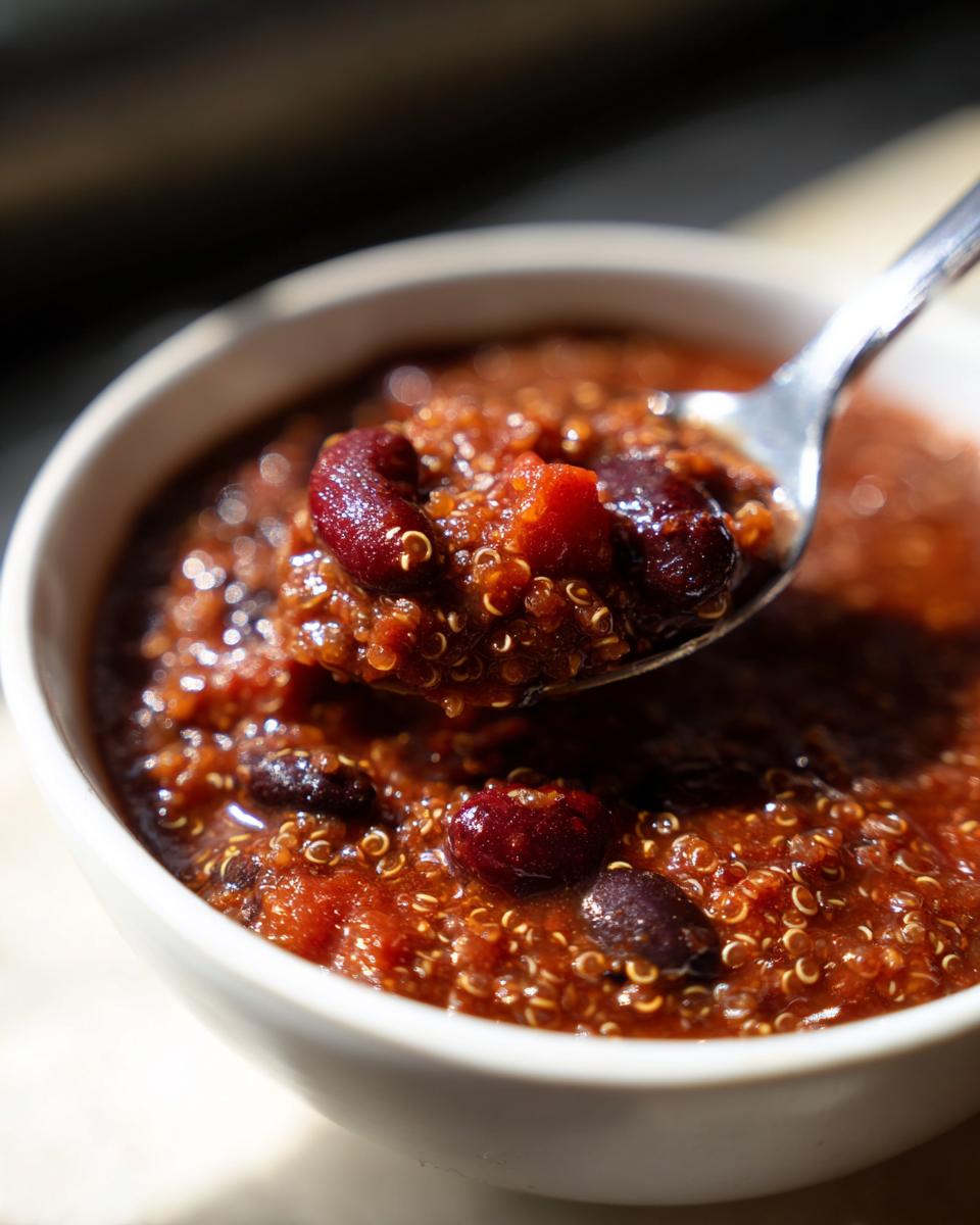 Close-up of a spoonful of rich, red Easy Quinoa Chili filled with quinoa and kidney beans.