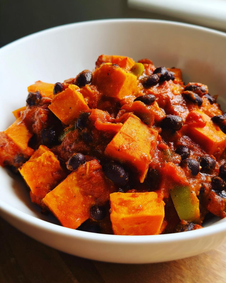 Close-up of a white bowl filled with Easy Sweet Potato and Black Bean Chili, showing chunks of orange sweet potato and black beans in a rich sauce.