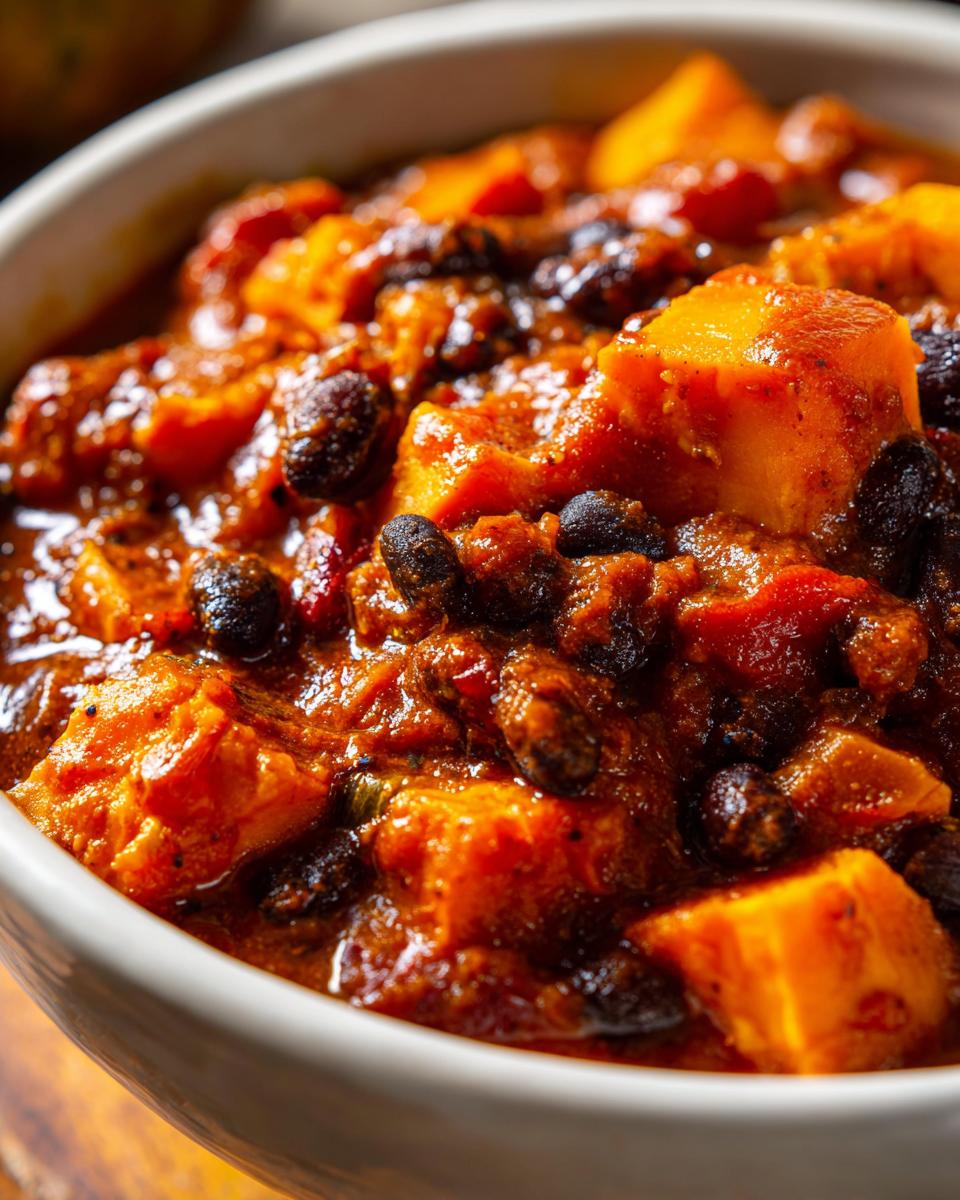 A close-up, appetizing shot of Easy Sweet Potato And Black Bean Chili featuring chunks of bright orange sweet potato and dark black beans in a rich, thick sauce.