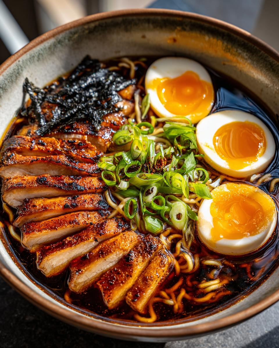 Close-up of a rich, dark broth Ramen Noodle bowl topped with sliced grilled chicken, soft-boiled eggs, and green onions.