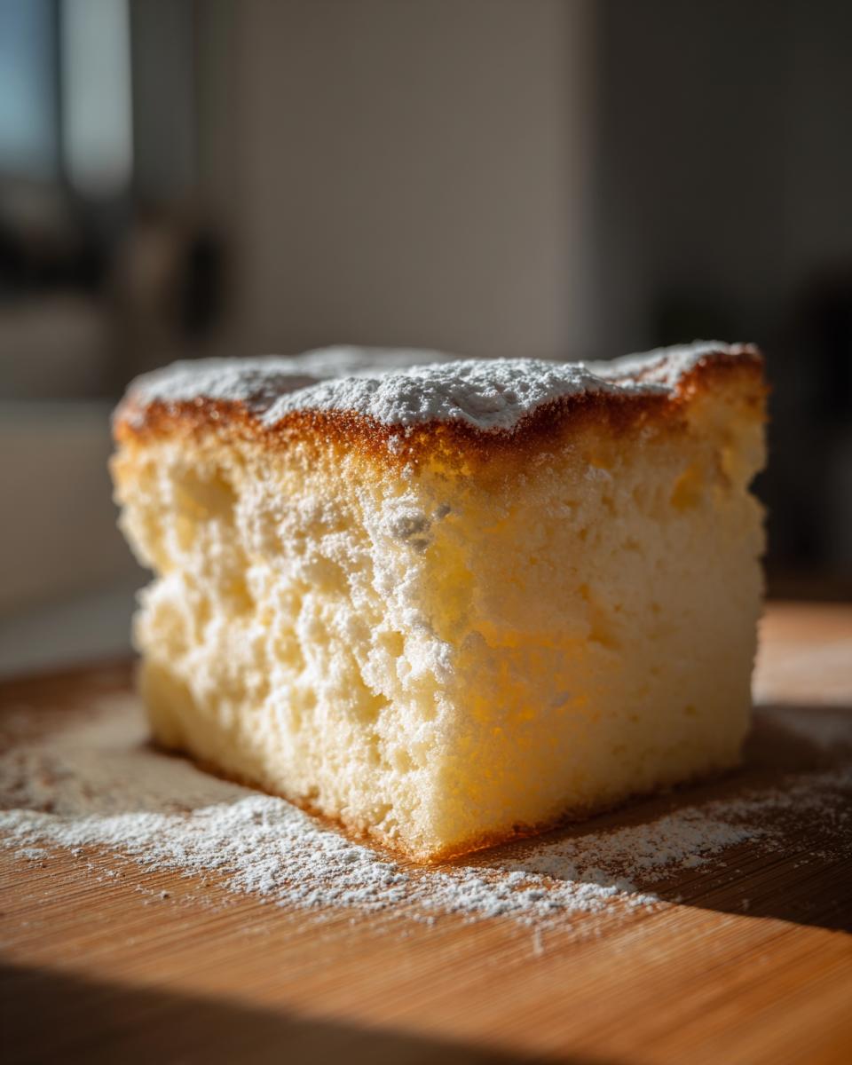 Close-up of a square slice of light, airy Tres Leches Cake dusted with powdered sugar on a wooden board.