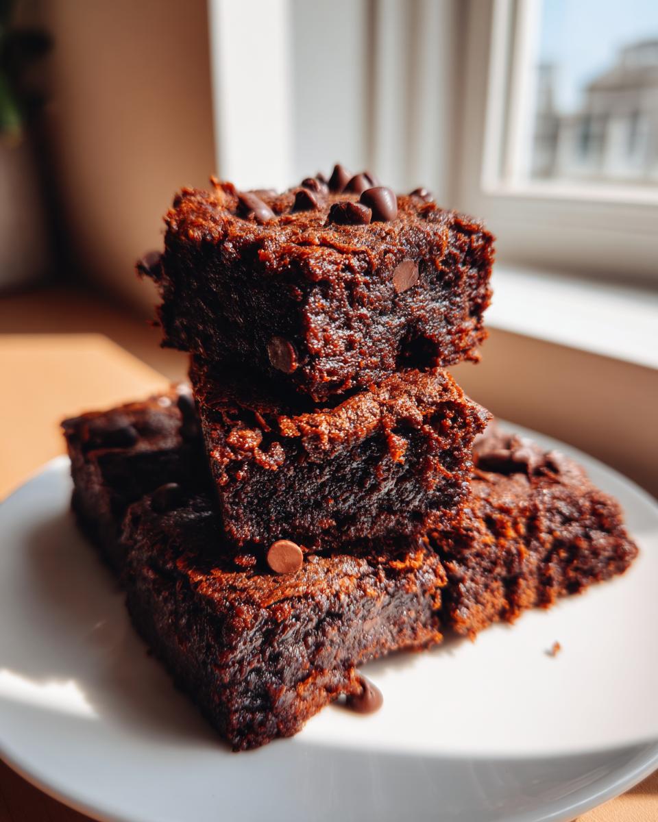 A stack of three fudgy Sweet Potato Brownies topped with chocolate chips, served on a white plate.