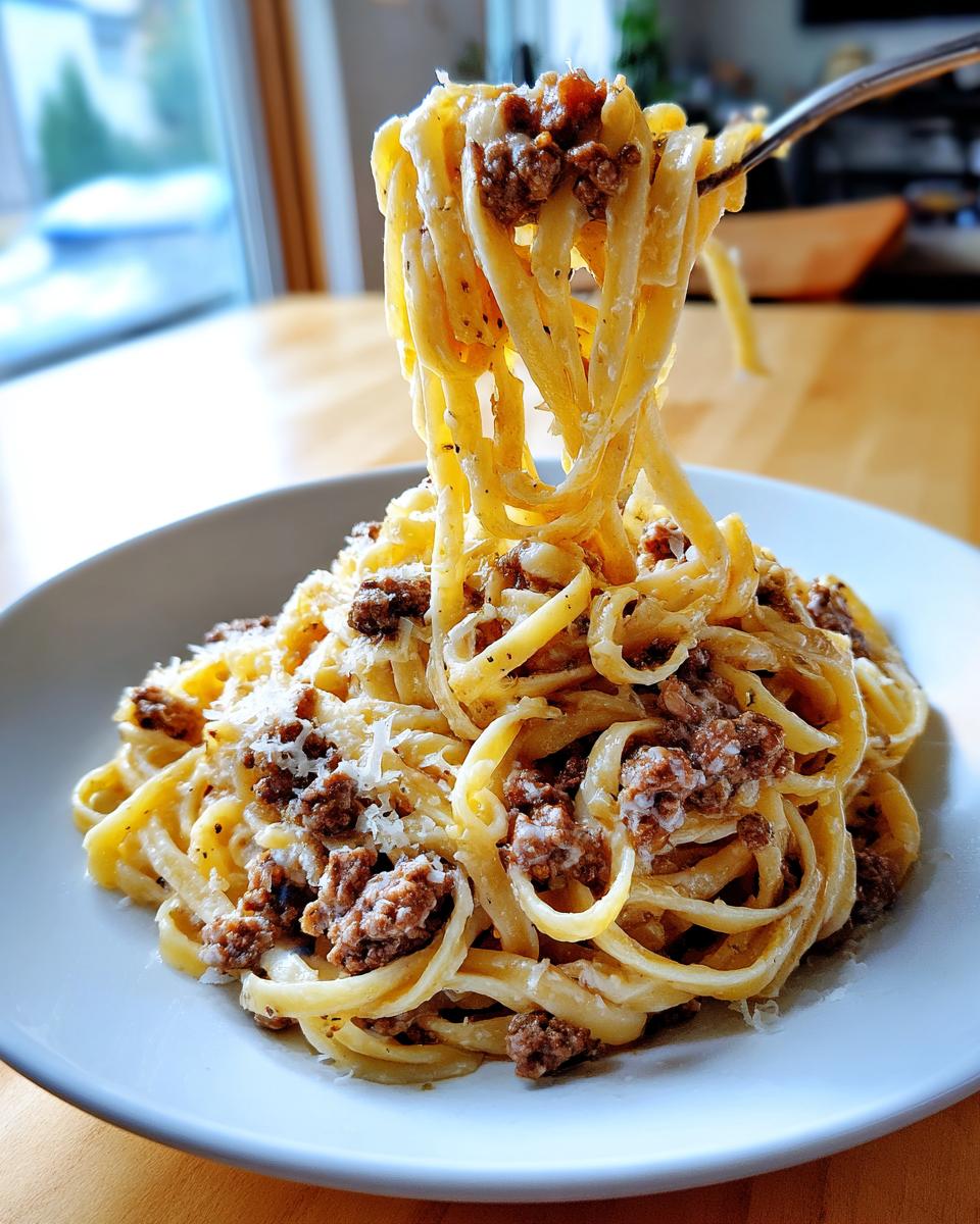 A fork lifts a generous twirl of creamy Garlic Parmesan Beef Pasta with ground beef and grated cheese.