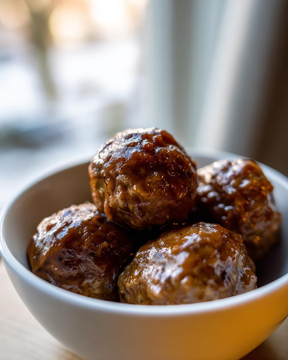 Close-up of four glazed Crockpot Meatballs piled high in a small white serving bowl.