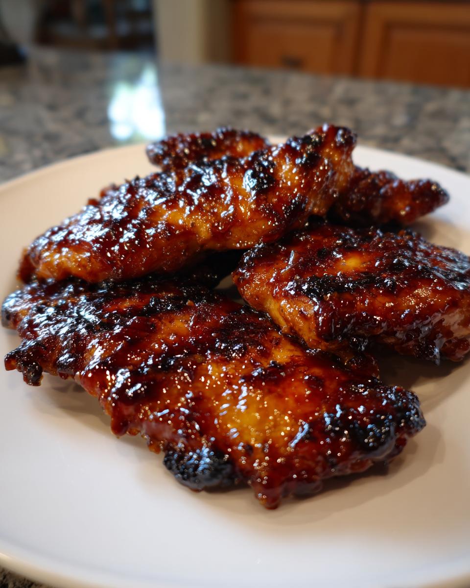 Close-up of several pieces of sticky, glazed Honey Garlic Chicken piled on a white plate.