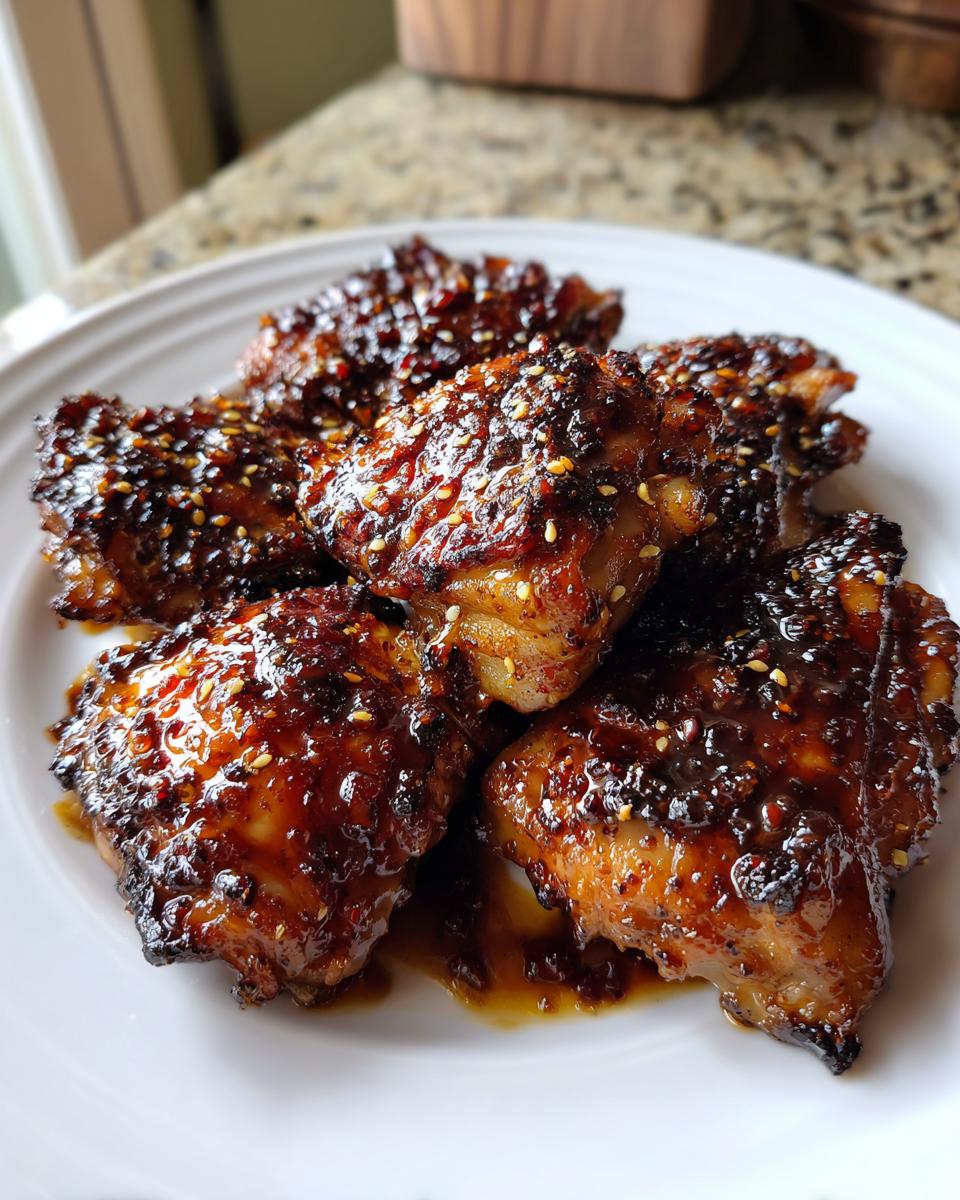 Close-up of several glazed Honey Garlic Chicken thighs coated in a dark, sticky sauce and sprinkled with sesame seeds.