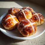 A close-up of several freshly baked, glazed Hot Cross Buns arranged on a white plate, highlighted by sunlight.