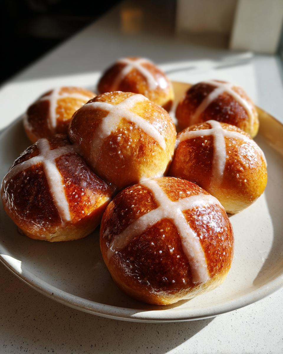 A close-up of several golden brown Hot Cross Buns topped with white icing crosses, sitting on a light-colored plate.