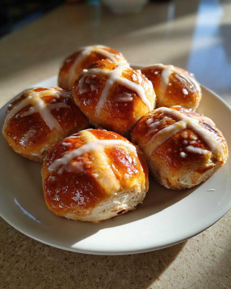 Five freshly baked Hot Cross Buns, golden brown and topped with white icing crosses, arranged on a white plate.