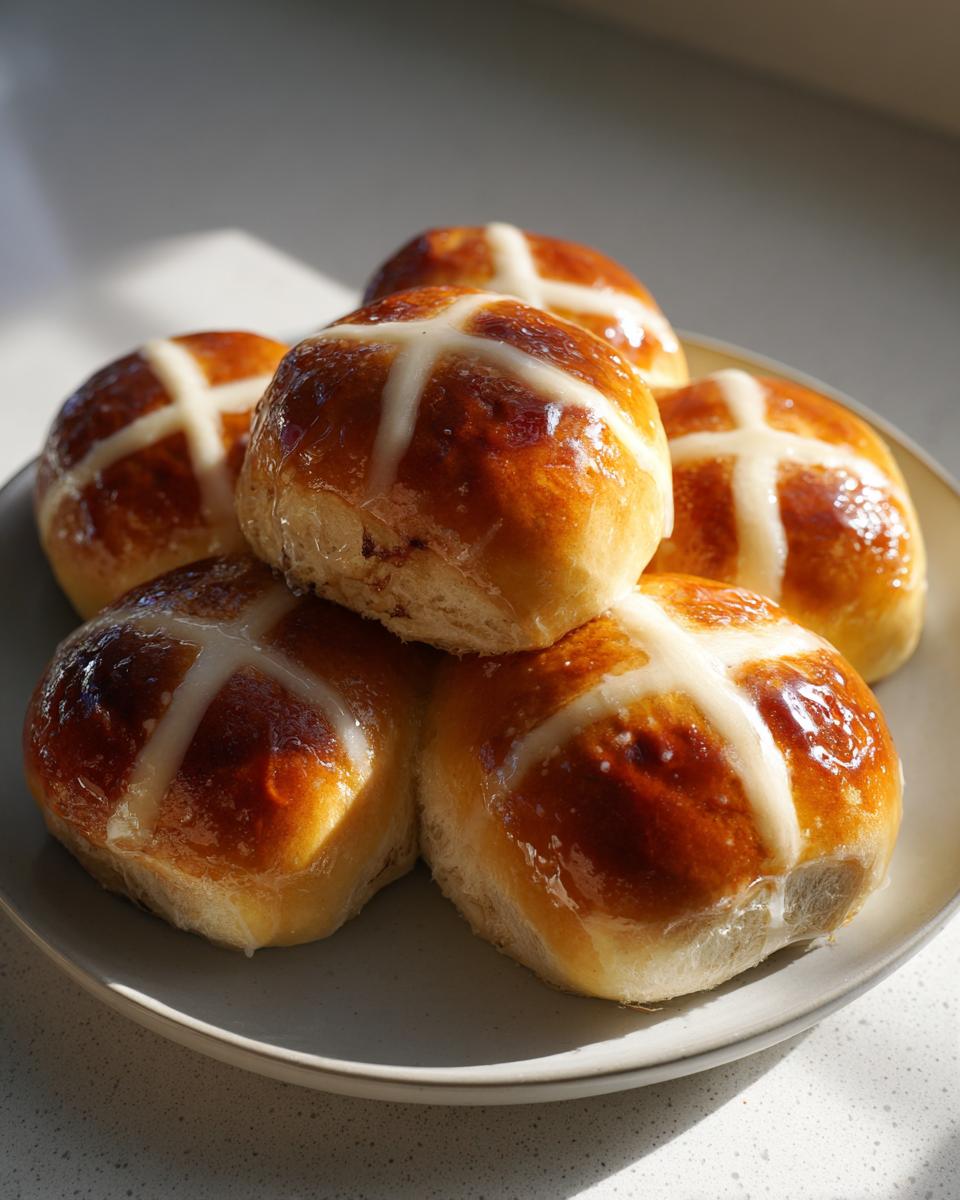 A close-up stack of freshly baked, glossy Hot Cross Buns topped with a white icing cross, sitting on a light plate.