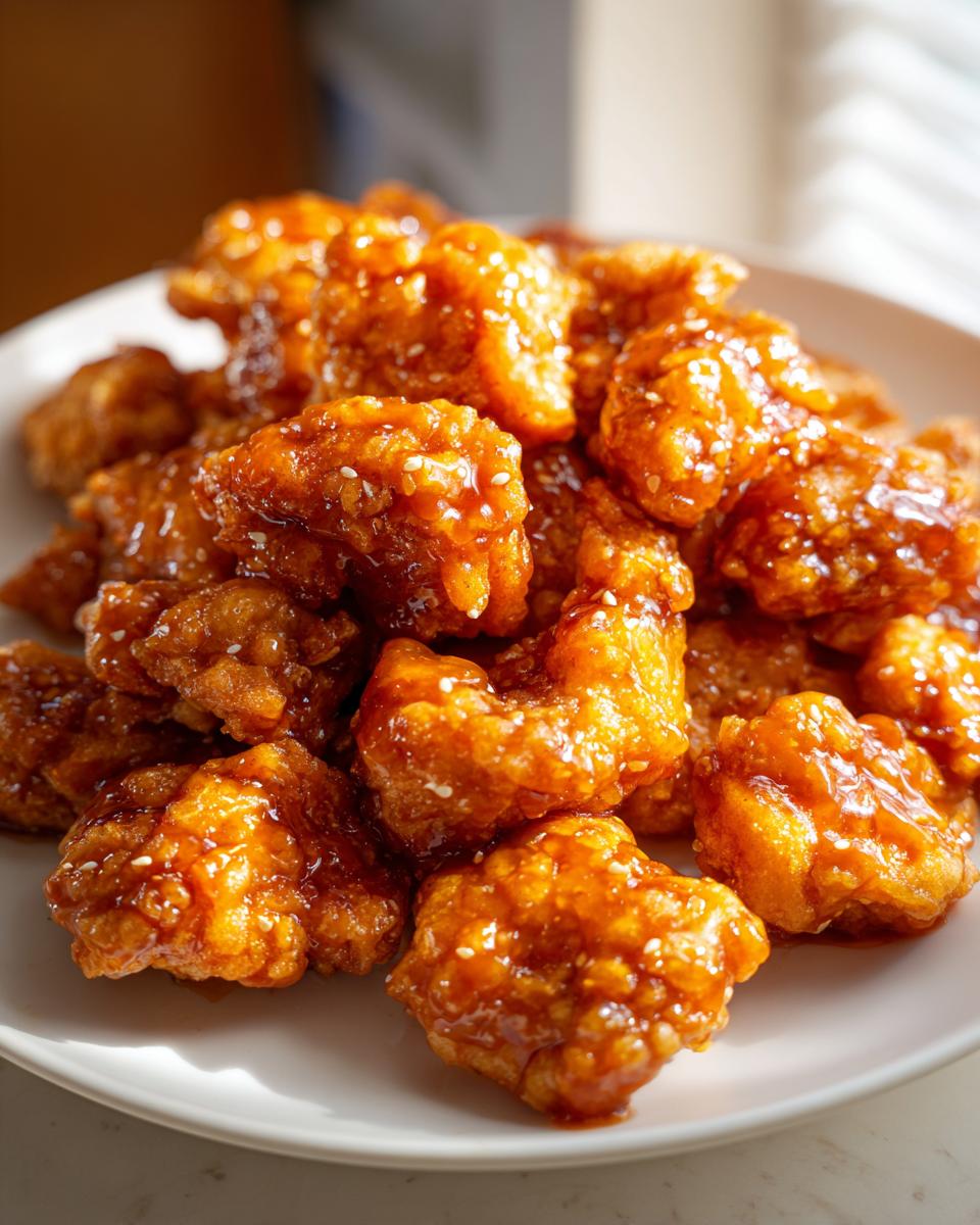 Close-up of crispy, golden-brown Orange Chicken pieces generously coated in a glossy, sweet-and-sour sauce and sprinkled with sesame seeds.