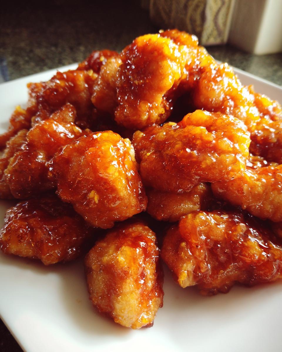A pile of crispy, battered chicken pieces generously coated in a thick, glossy orange sauce, representing delicious Orange Chicken.