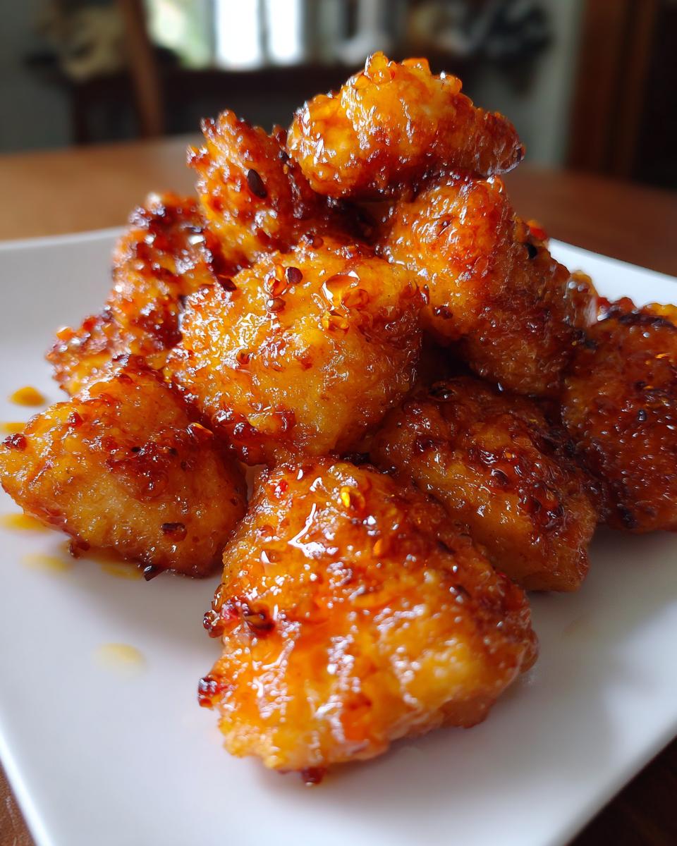A close-up shot of crispy, battered pieces of Orange Chicken coated in a thick, glossy, reddish-orange sauce with visible chili flakes.