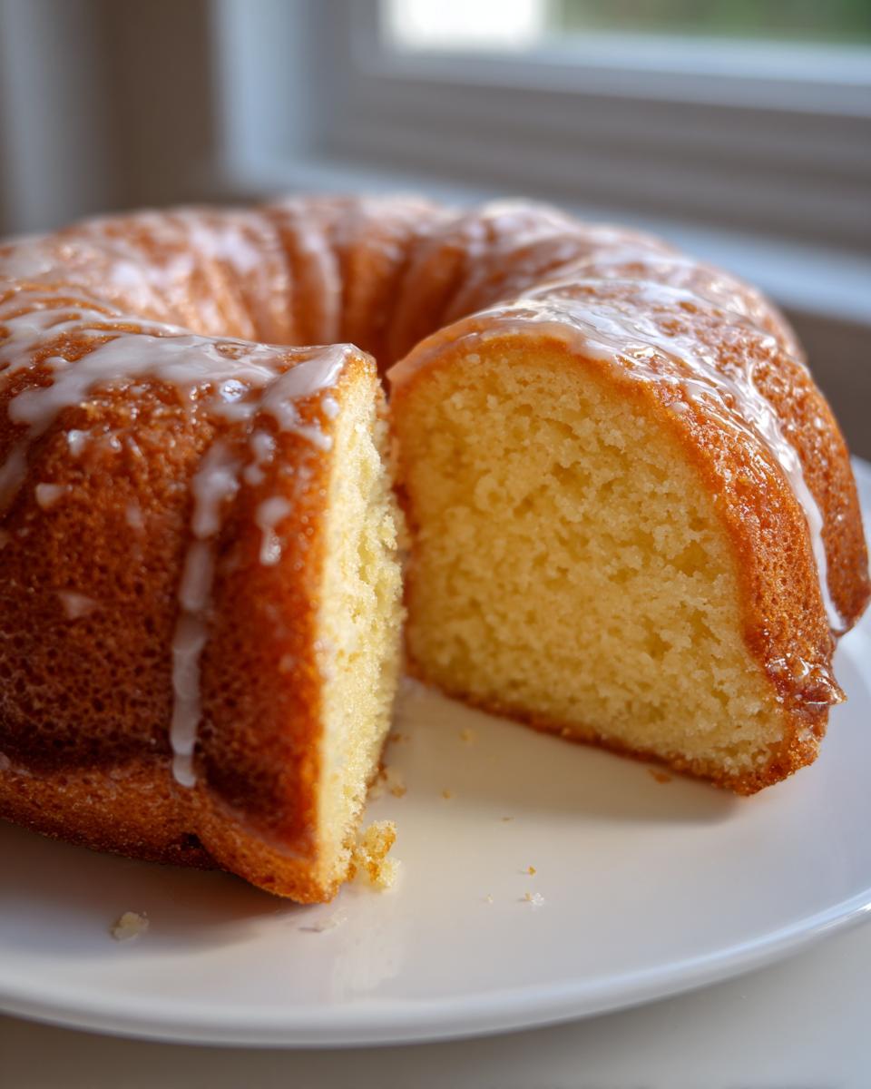 A moist, yellow Bundt Cake drizzled with white glaze, with one slice cut out to show the texture.