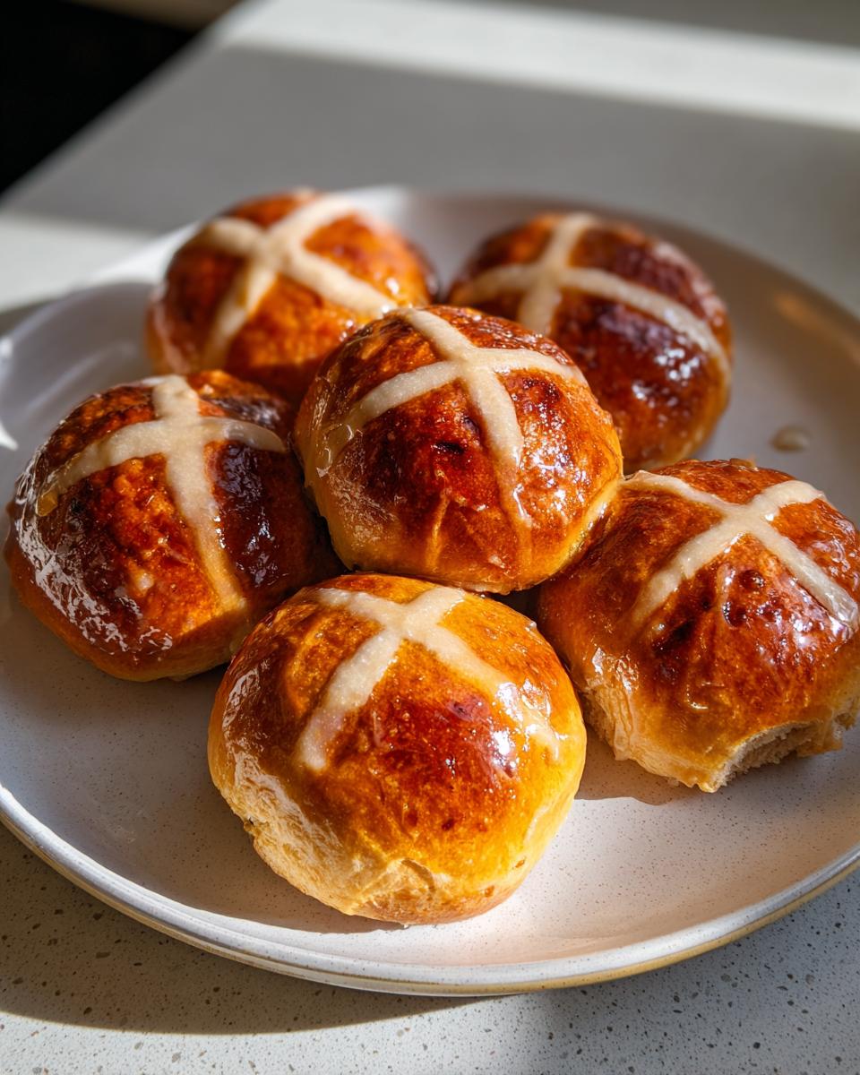 A close-up of five freshly baked, glossy Hot Cross Buns with white icing crosses on a light speckled plate.
