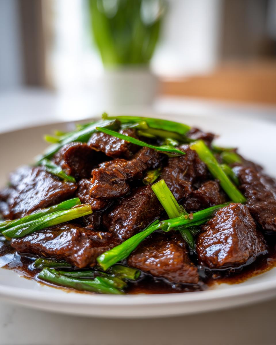 Close-up of rich, glossy Mongolian Beef pieces coated in dark sauce and topped with bright green scallions.
