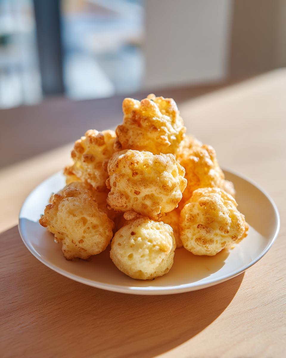 A small pile of golden-brown, puffy Breakfast Pancake Poppers served on a white plate.