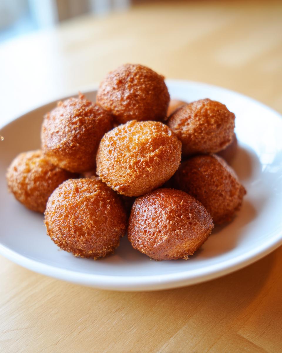A close-up of several golden brown, perfectly round Breakfast Pancake Poppers piled high on a white dish.