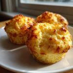 Three golden brown Cottage Cheese Egg Bites with crispy tops served on a white plate near a window.