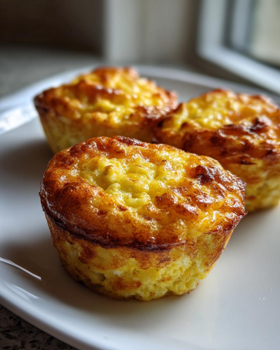 Close-up of three golden brown Cottage Cheese Egg Bites served on a white plate, showing a slightly crispy top.