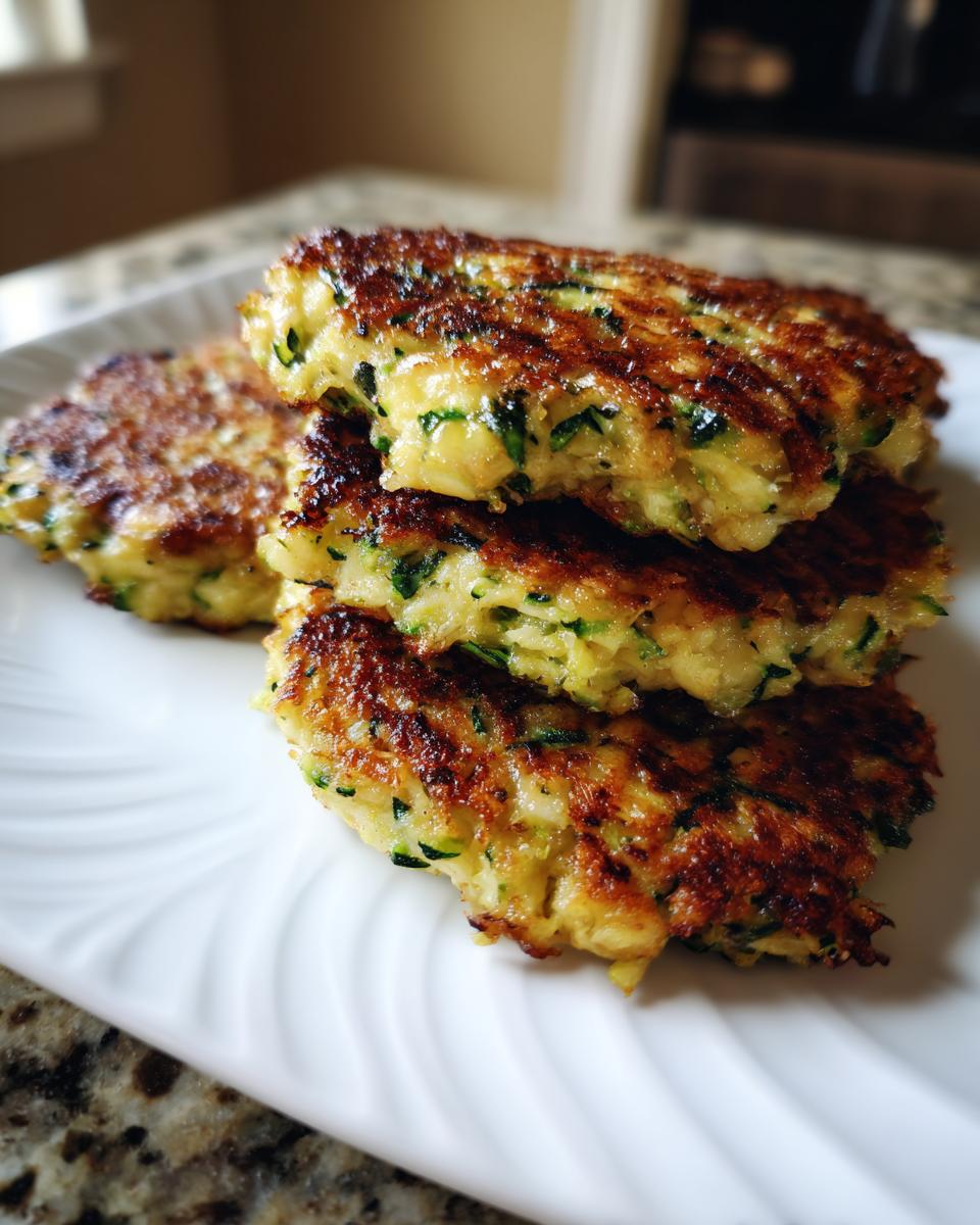 A stack of four golden brown, pan-fried Zucchini Patties showing visible shreds of green zucchini.