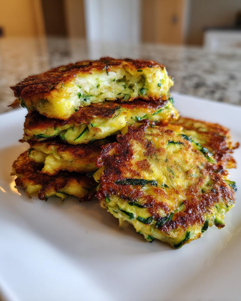 A stack of perfectly pan-fried Zucchini Patties showing a crispy, golden-brown exterior and a soft interior.