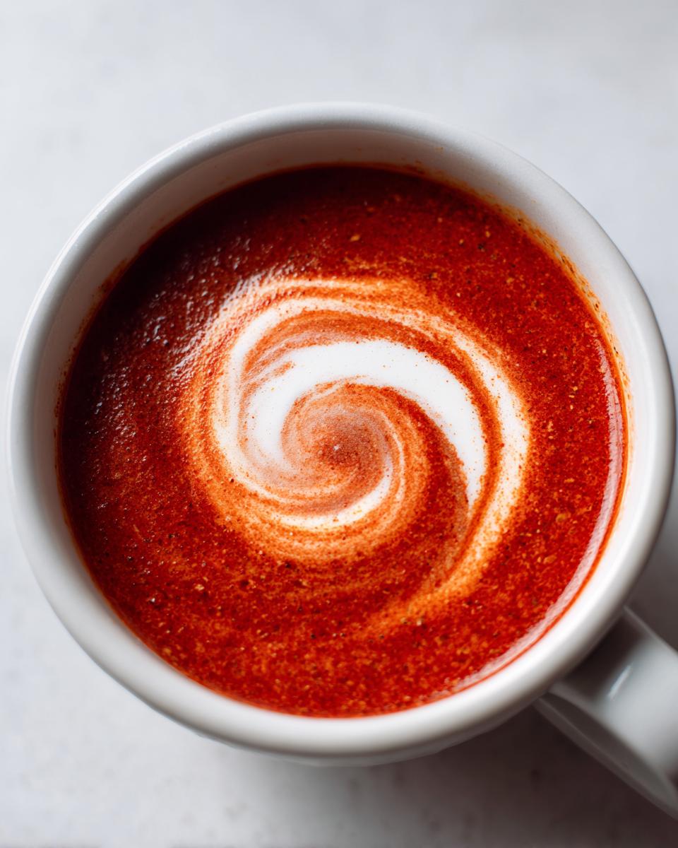 Overhead close-up of rich red Tomato Soup in a white mug, featuring a beautiful white cream swirl design.