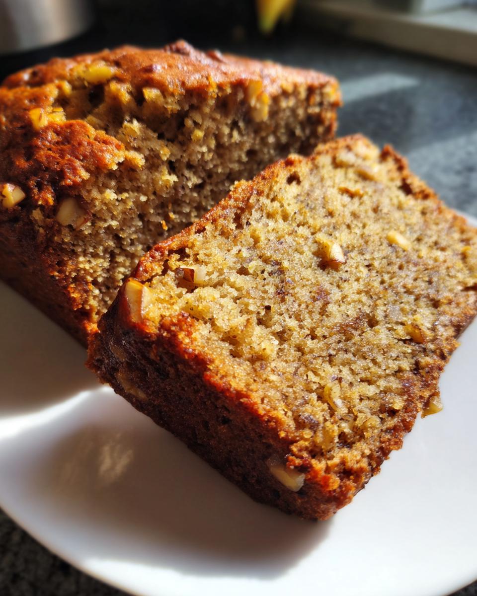 Close-up of a moist slice of Grandma Banana Nut Bread showing walnuts and a rich brown crumb.