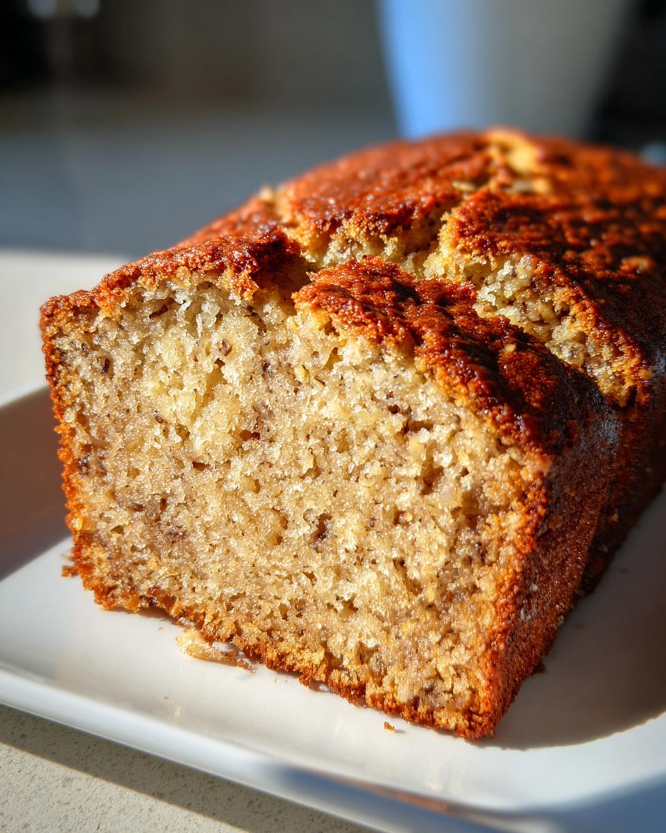 Close-up of a moist slice of Grandma Banana Nut Bread showing a golden-brown crust and tender crumb.