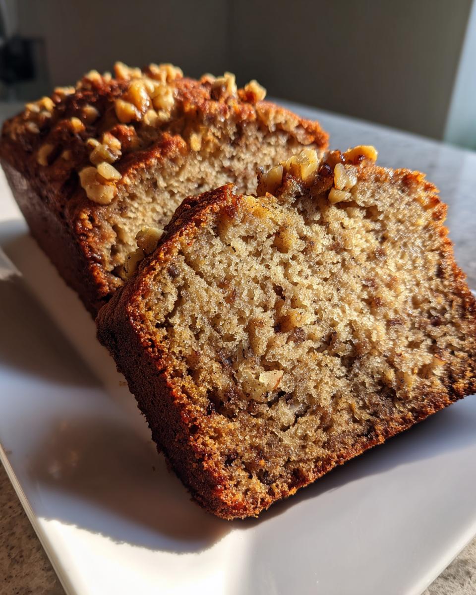 A close-up of sliced Grandma Banana Nut Bread topped with crunchy walnuts, showing a moist crumb.