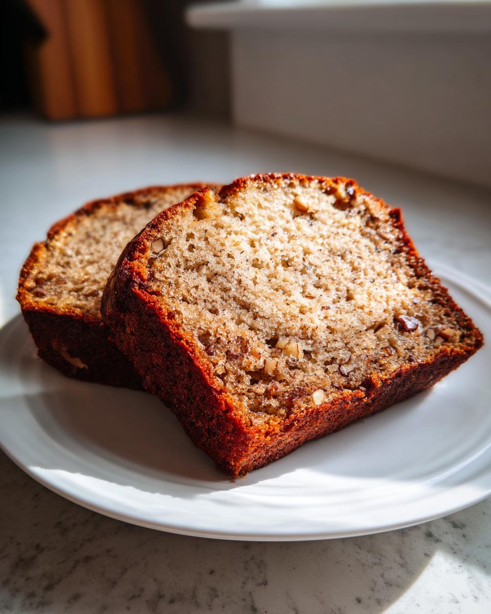 Two moist slices of Grandma Banana Nut Bread featuring visible nuts, resting on a white plate in bright sunlight.
