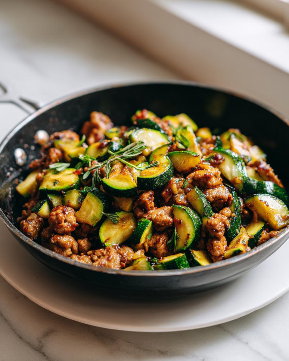 Close-up of Ground Turkey And Zucchini Skillet mixture with browned ground meat and sliced zucchini in a dark skillet.