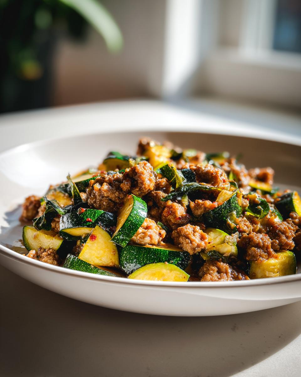 A close-up of a white bowl filled with savory Ground Turkey And Zucchini Skillet, featuring browned meat and bright green zucchini chunks.