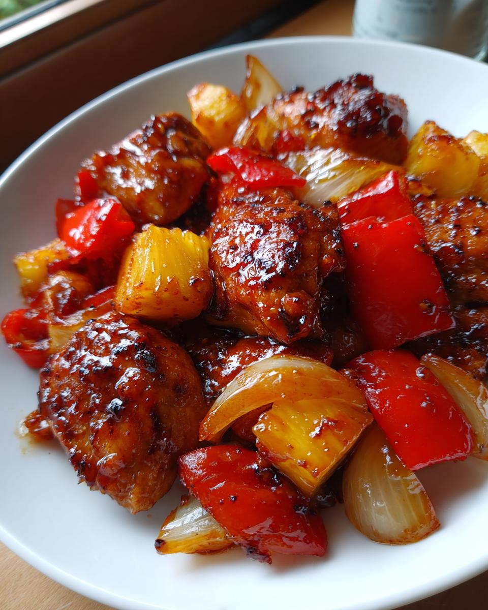 Close-up of glazed chicken pieces mixed with pineapple, red peppers, and onions from the Hawaiian Chicken Sheet Pan dinner.