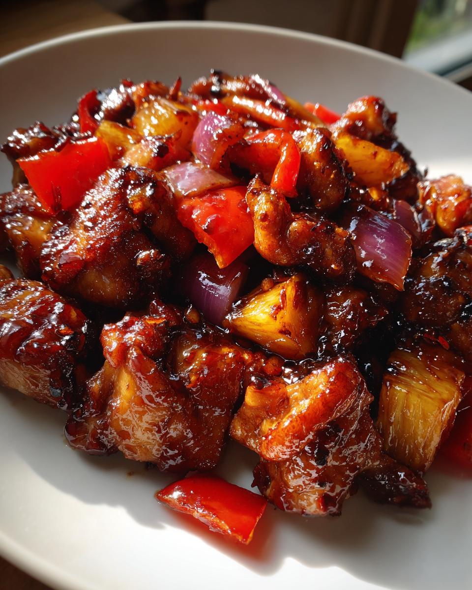 Close-up of glazed chicken pieces mixed with pineapple, red pepper, and onion from the Hawaiian Chicken Sheet Pan dinner.