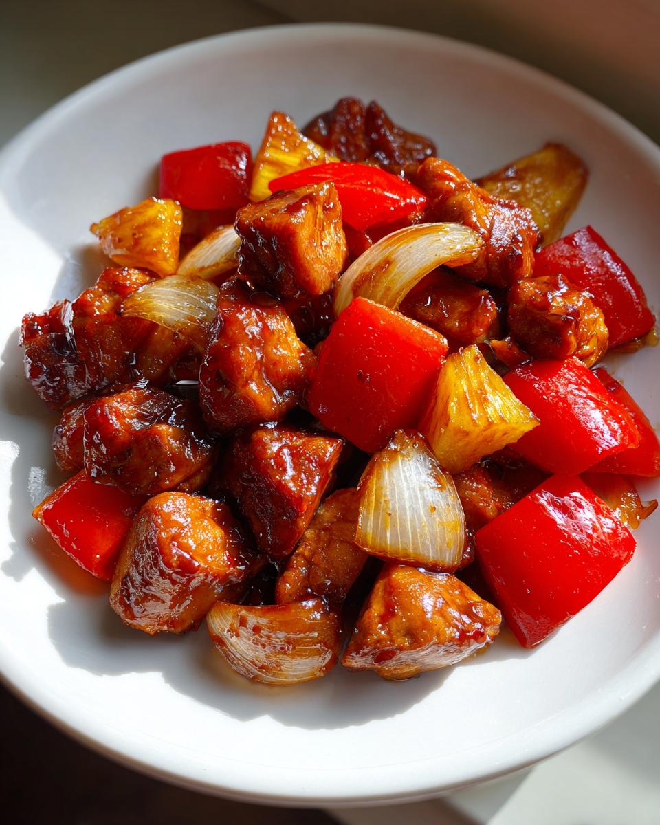 Close-up of glazed chicken pieces mixed with red peppers, onions, and pineapple from the Hawaiian Chicken Sheet Pan dinner.