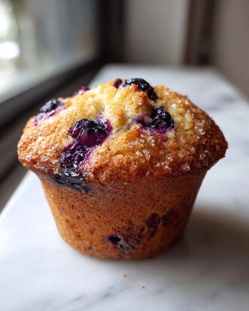 A single, golden-brown Healthy Greek Yogurt Blueberry Muffin topped with coarse sugar and bursting blueberries.