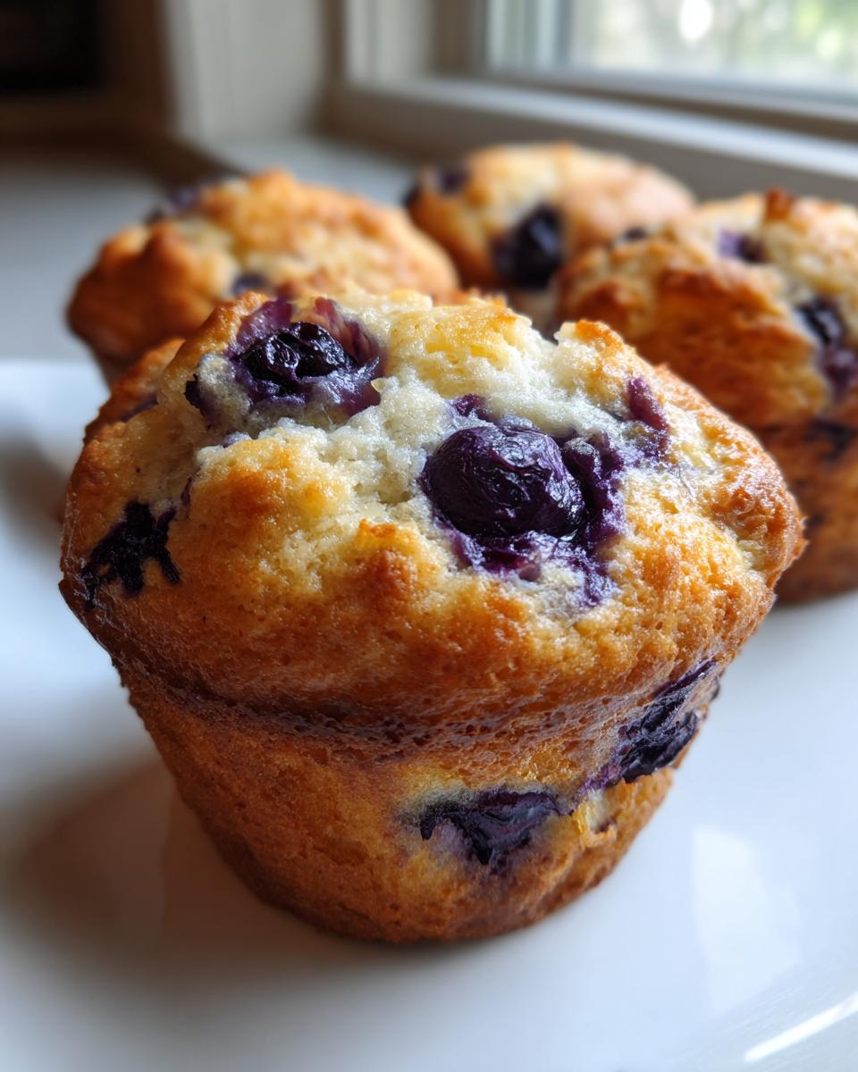 A close-up of a golden-brown Healthy Greek Yogurt Blueberry Muffin with visible blueberries baked into the top.