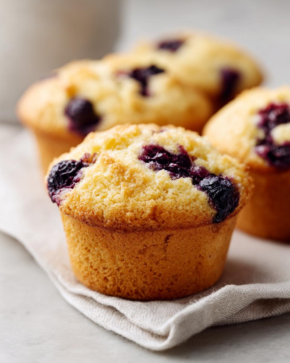 A close-up of a golden-brown Healthy Greek Yogurt Blueberry Muffin sitting on a linen napkin.