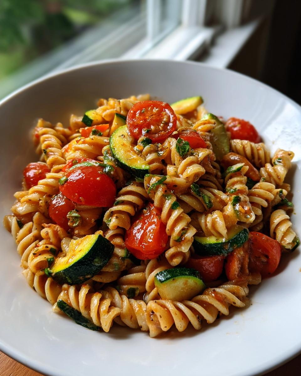 Close-up of a bowl filled with Healthy Tomato Zucchini Pasta featuring fusilli, halved cherry tomatoes, and sliced zucchini.