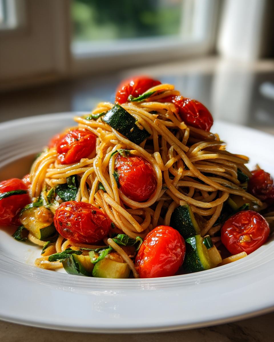 A close-up of Healthy Tomato Zucchini Pasta featuring spaghetti, roasted cherry tomatoes, and chunks of zucchini on a white plate.