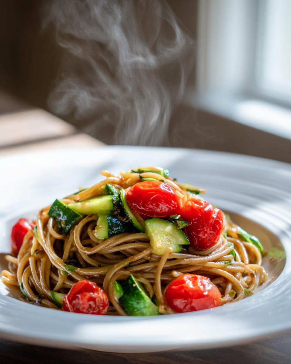 Close-up of steaming Healthy Tomato Zucchini Pasta featuring whole cherry tomatoes and chunks of zucchini mixed with whole wheat spaghetti.