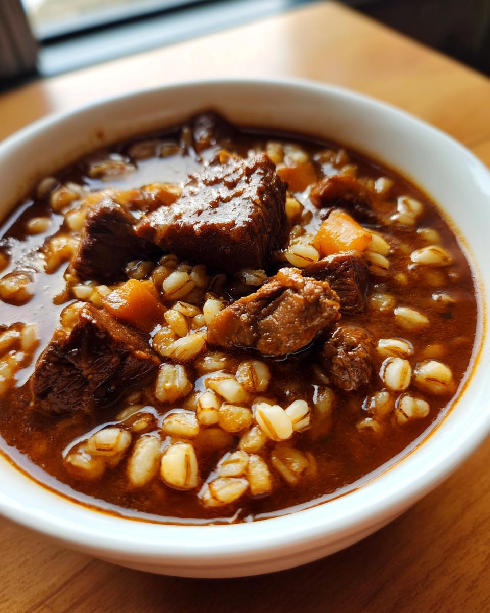 Close-up of a rich, dark broth filled with tender chunks of beef and plump pearl barley in a white bowl, showcasing the Beef Barley Soup.