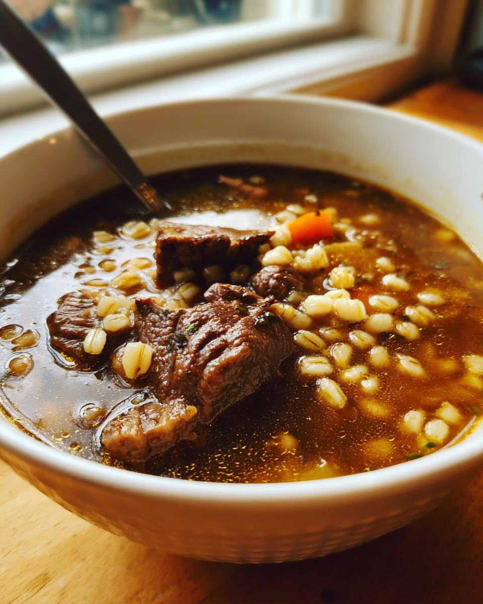Close-up of a steaming bowl of rich Beef Barley Soup featuring tender beef chunks and plump barley grains.